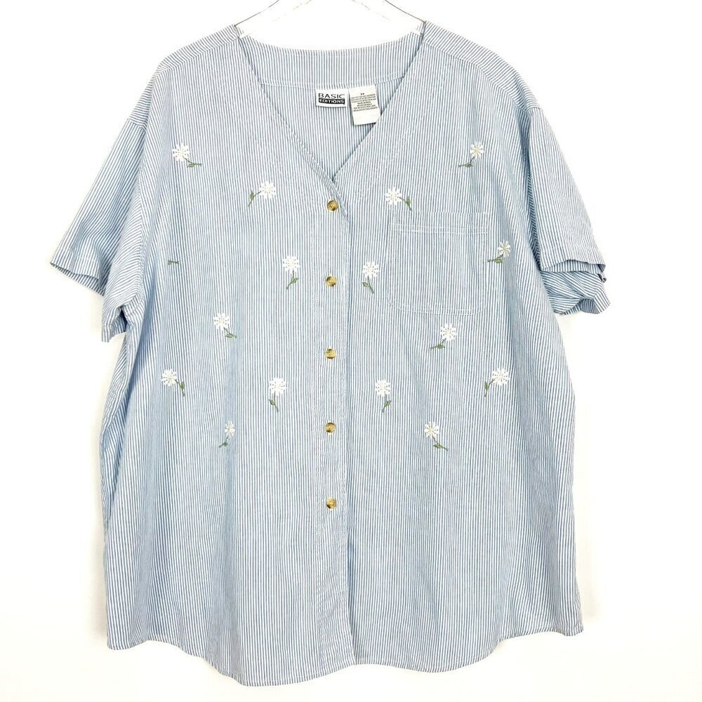 Basic Editions Cotton Blouse Women's 3X Embroidered Daisies Blue White Stripes